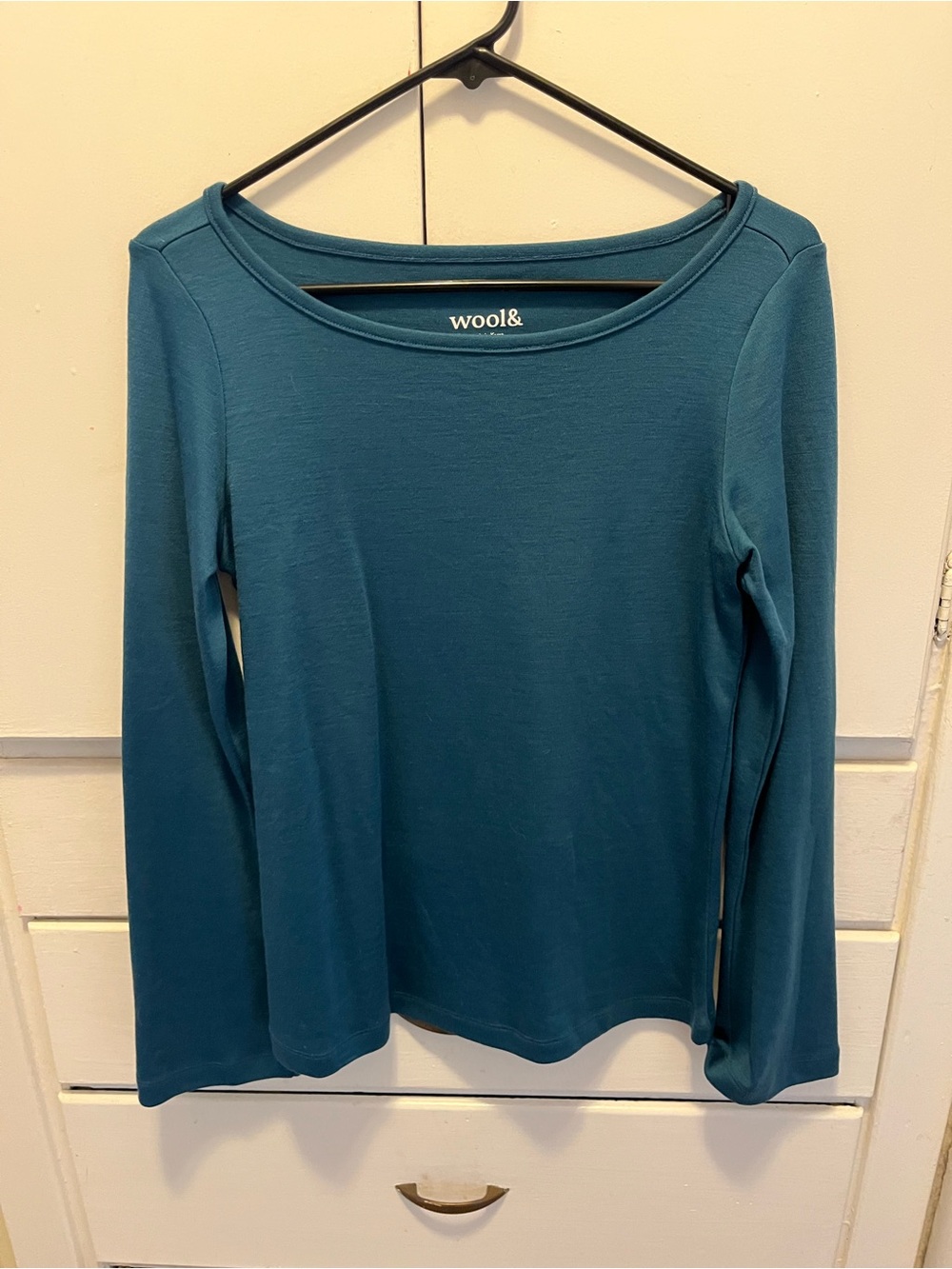 wool& Aegean Teal Long-Sleeve Boat-Neck Top Merino Interlock Size S